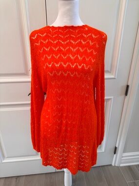 Neiman Marcus ST John Vibrant Orange Open-Knit Long-Sleeve Dress